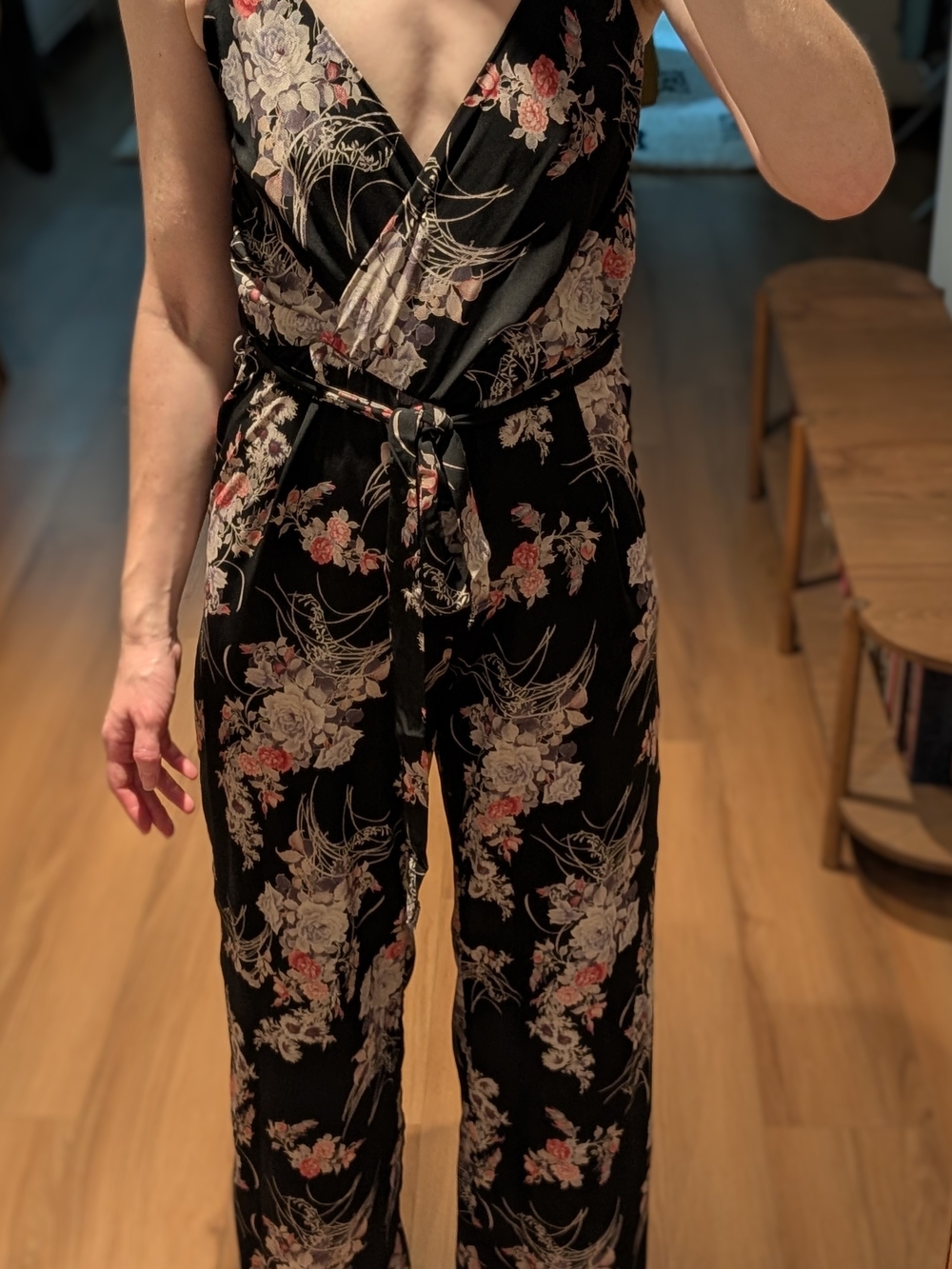 Floral V-Neck Tie-Waist Black Jumpsuit